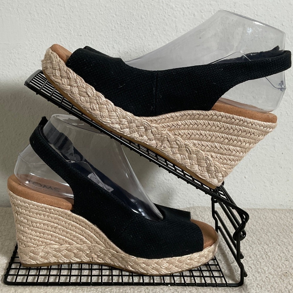 TOMS Black Canvas Peep Toe Espadrille Wedge Slingback Sandals 10022387 Womens 8 - Picture 3 of 14